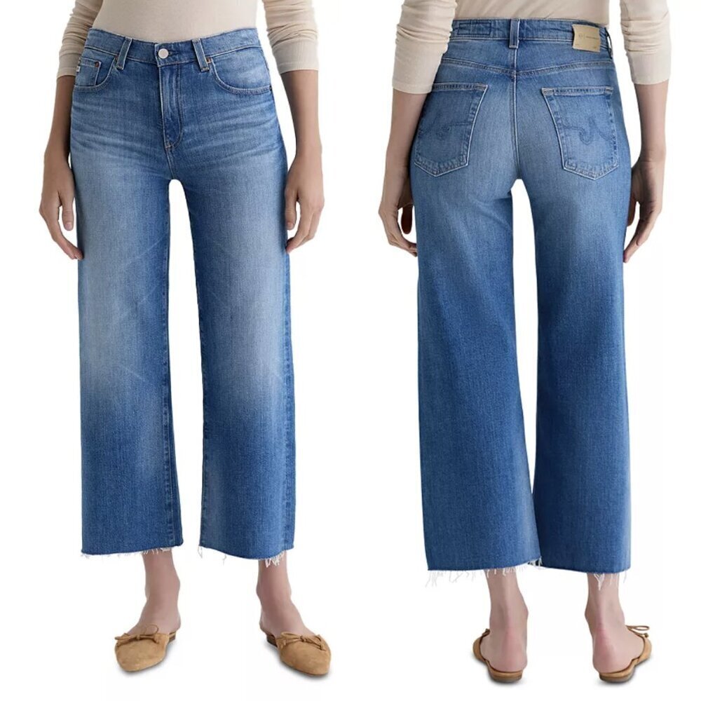 Adriano Goldschmied Saige Mid-Rise Wide Leg Crop Jeans Raw Hem, Medium Blue, 32